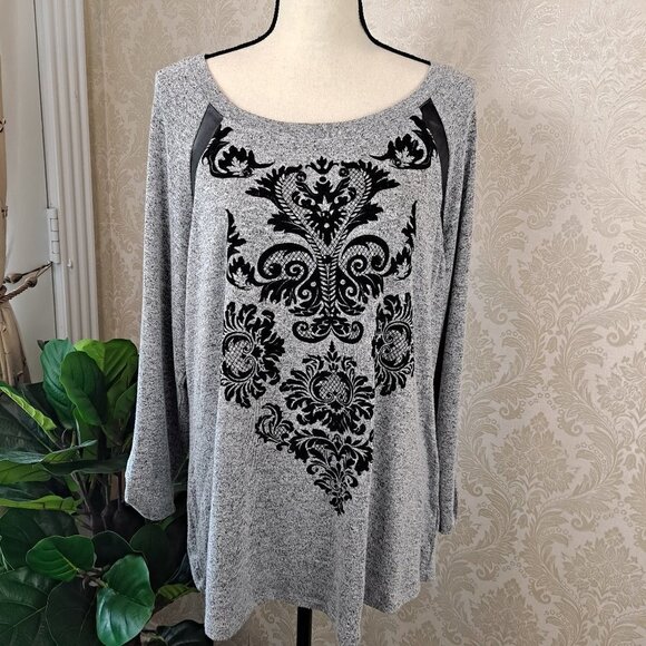 Style & Co Size XL Gray Tunic Sweater Black Velvet Pattern Tab Sleeves NWOT - Picture 1 of 11